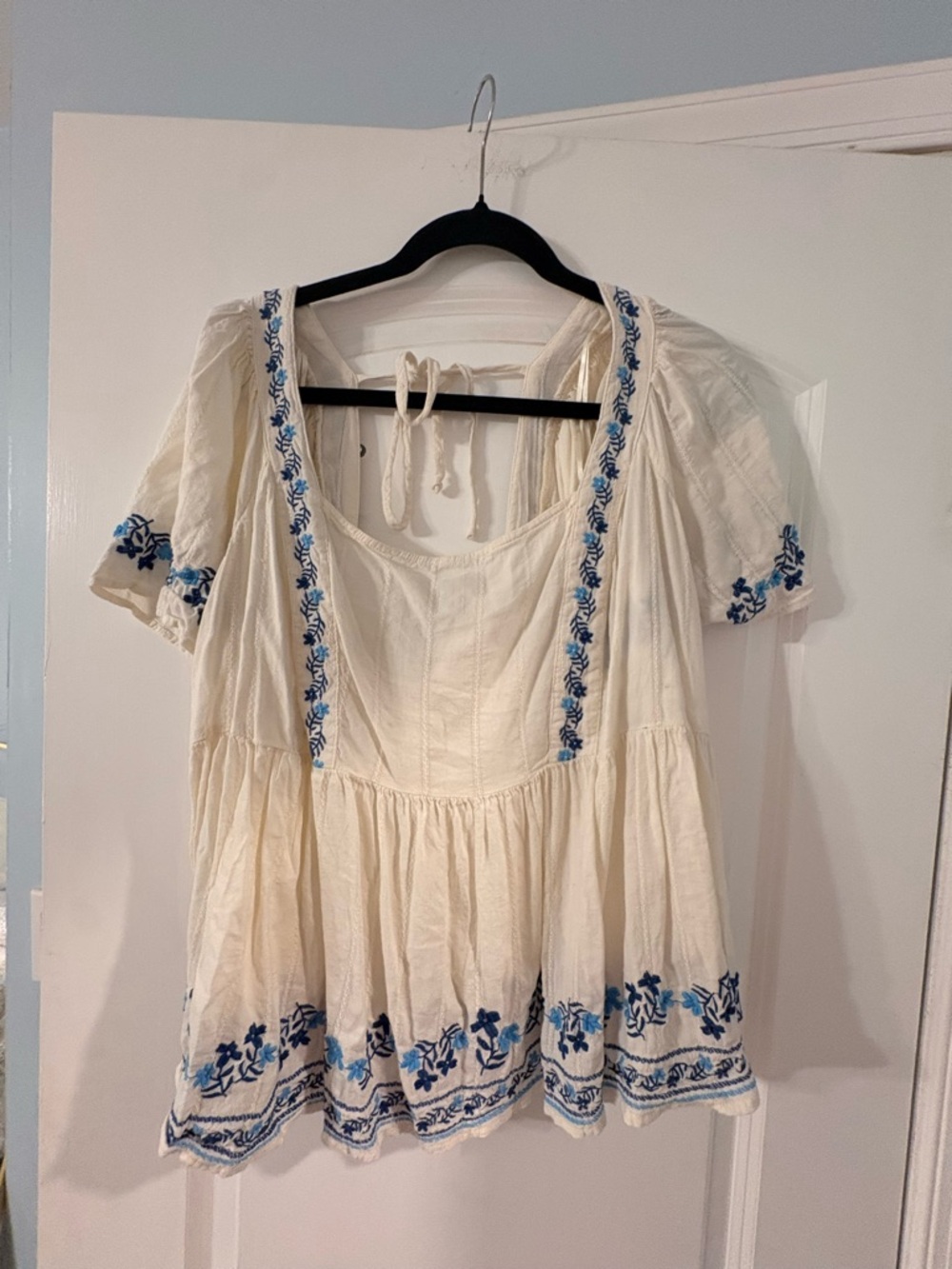 Old Navy Cream Peasant Top with Blue Floral Embroidery